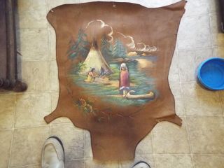 Vintage Native American Indian Leather Hide Painted Chief Teepee Brave photo