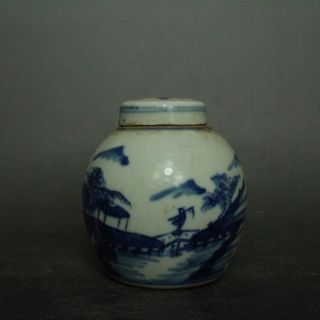 Aniqtue Chinese Porcelain Tea Caddy,  Blue And White Landscape Porcelain Jar,  Pot photo