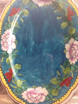 Antique Chinese Hand - Painted Serving Scalloped Edge Floral Aqua - Blue Platter photo