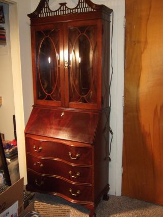 Mahogany Secretary Desk Serpentine Front With Claw Feet And Bubble Glass Doors photo