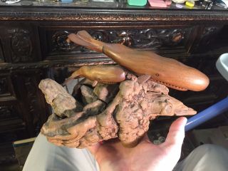 Mid Century Teak Wood Carving Of 2 Whales On Rock And Burl Base photo