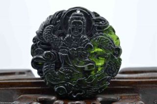 China ' S Natural Jade Nephrite Carving Black Jade Dragon Guanyin Pendant photo