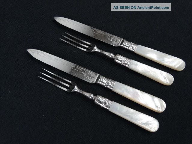 C1839 2 Antique Sterling Silver Collar Mother Of Pearl Handled Cutlery Sheffield Sterling Silver (.925) photo
