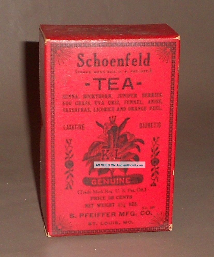 C1915 Antique Medicine Box Schoenfeld Tea Laxative Diuretic Full Contents Quack Medicine photo