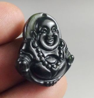 Collectibles Black Green Jade Hand Carved Smiling Buddha Pendant photo