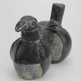 Pre Columbian Style Carved Figural Bird Blackware Pottery Effigy Vessel M&m Nr photo