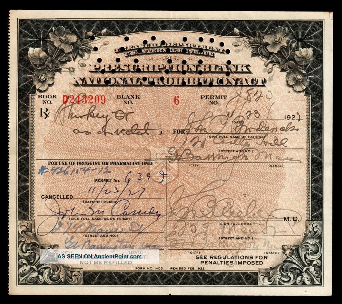Antique 11/23/27 Prohibition Whiskey Prescription Pharmacy Doctor Speakeasy Bar Other Medical Antiques photo