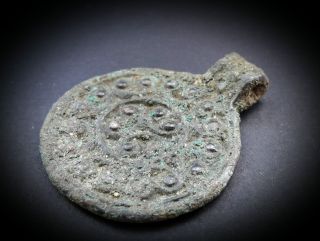 Viking Bronze Shield Amulet Pendant With Scroll & Pellet Design 9th - 12th A.  D. photo
