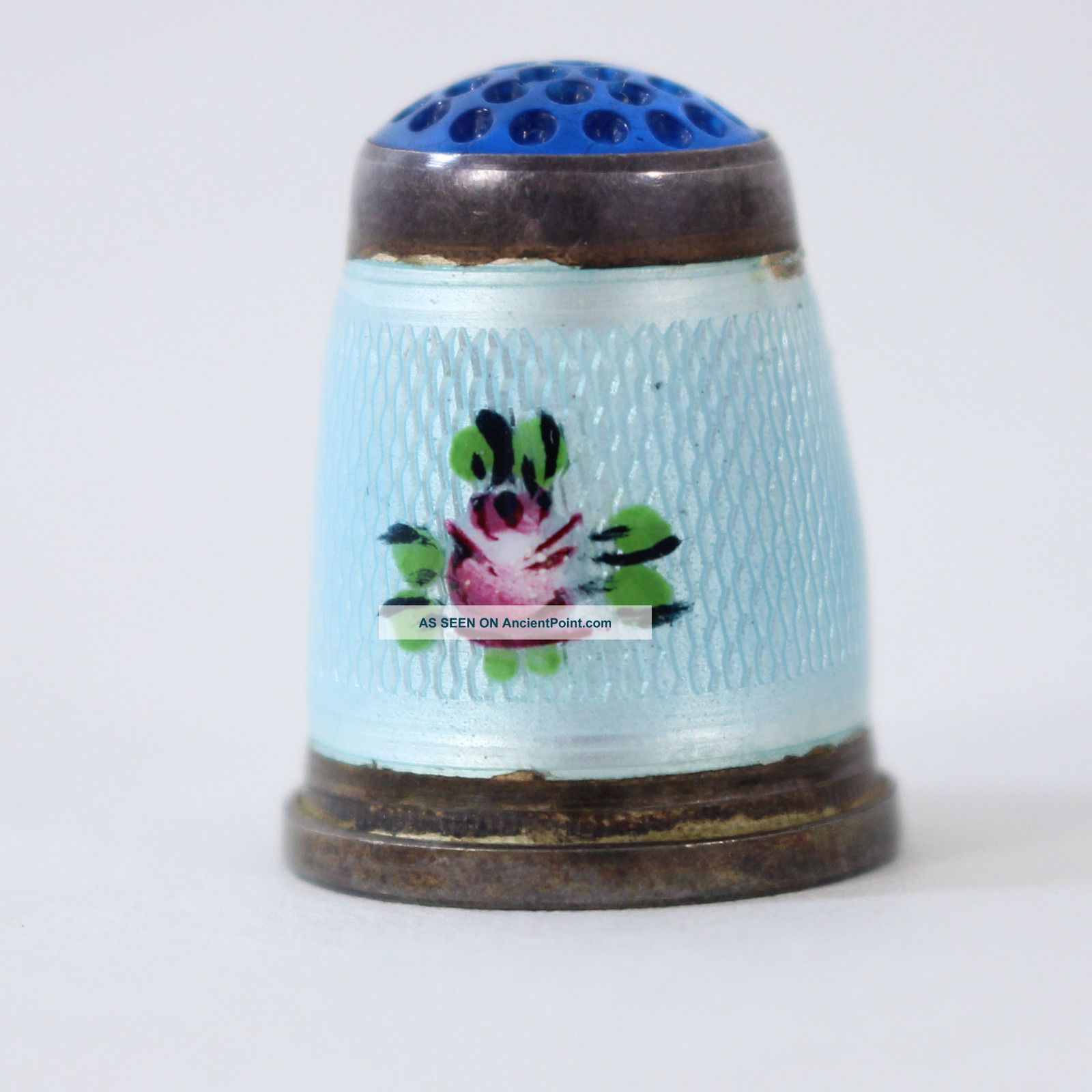 Antique 925 Sterling Silver Guilloche Enamel Thimble Art Glass Top German Size 8 Thimbles photo