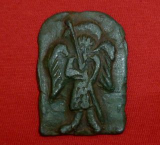 Byzantine Ancient Bronze Icon / Medallion Depicting Saint Michael Circa 900 Ad photo