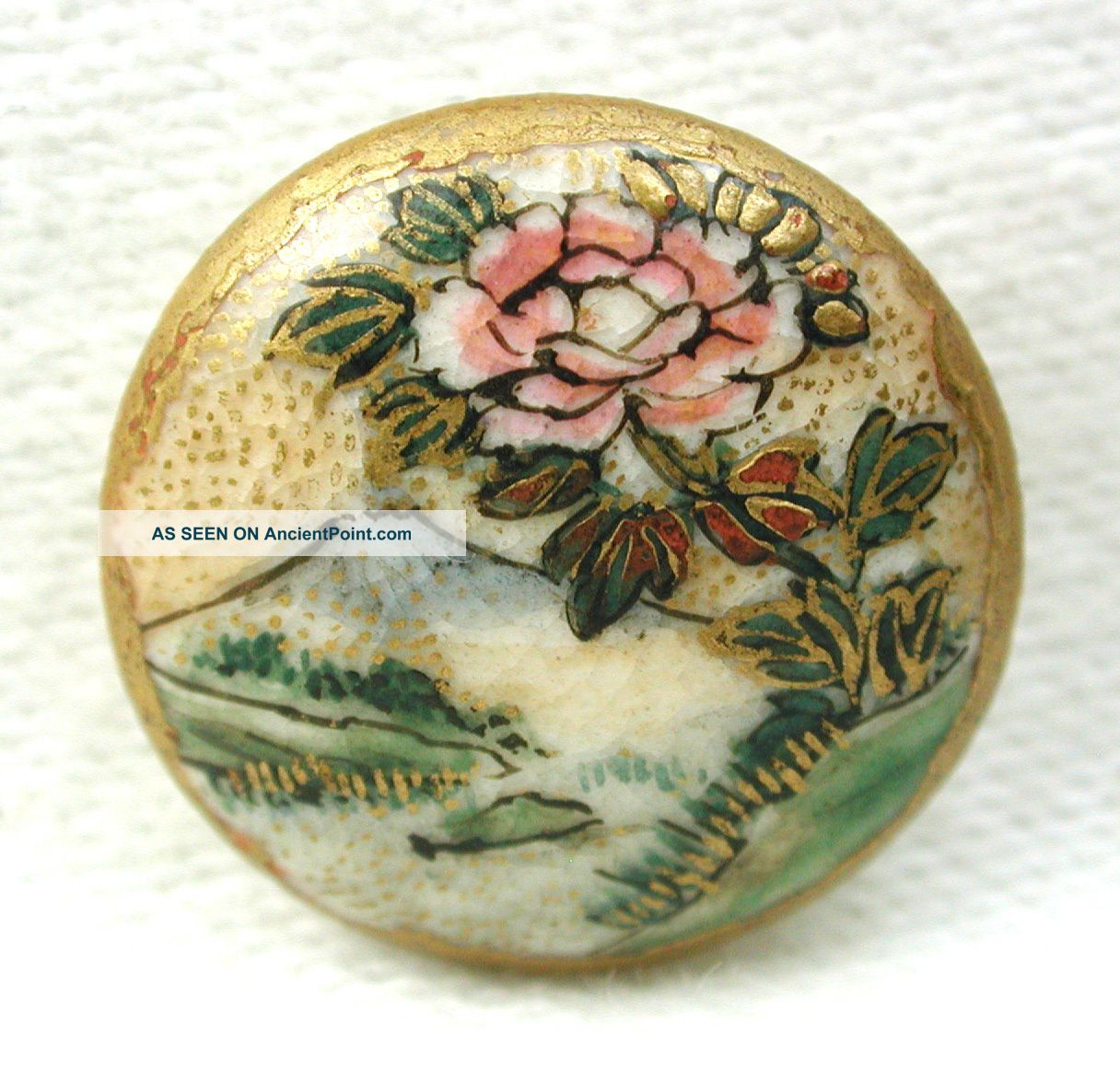 Antique Meiji Satsuma Button Mount Fuji & Peony Design Gold - 11/16 