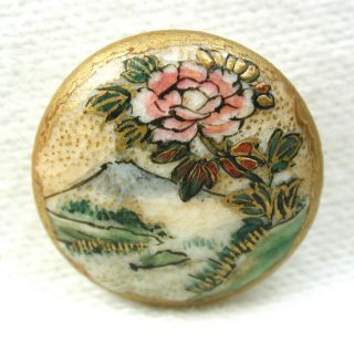 Antique Meiji Satsuma Button Mount Fuji & Peony Design Gold - 11/16 