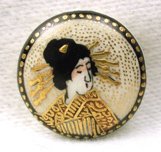Antique Meiji Satsuma Button Geisha W Black & Gold Dot Border - 11/16 