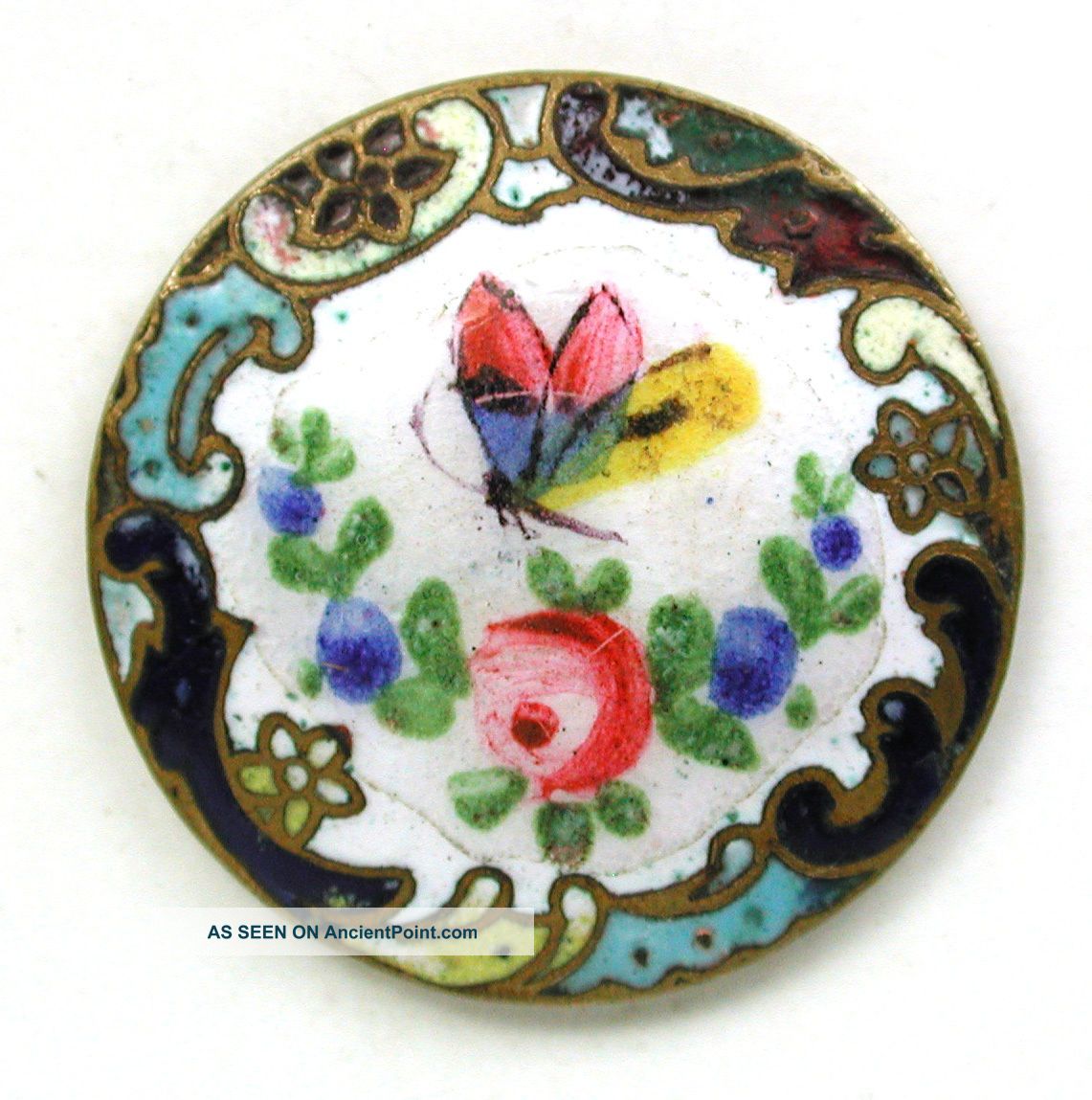 Antique Hand Painted Champleve French Enamel Flowers & Butterfly 1 Inch Buttons photo