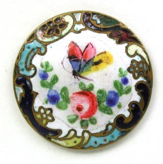 Antique Hand Painted Champleve French Enamel Flowers & Butterfly 1 Inch photo