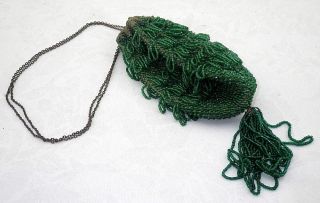 Antique Victorian Elegant Fringe Bright Green Glass Micro Beaded Handbag Purse photo
