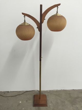 Vintage Mid Century Modern Danish Style Teak Wood Brass Floor Lamp photo