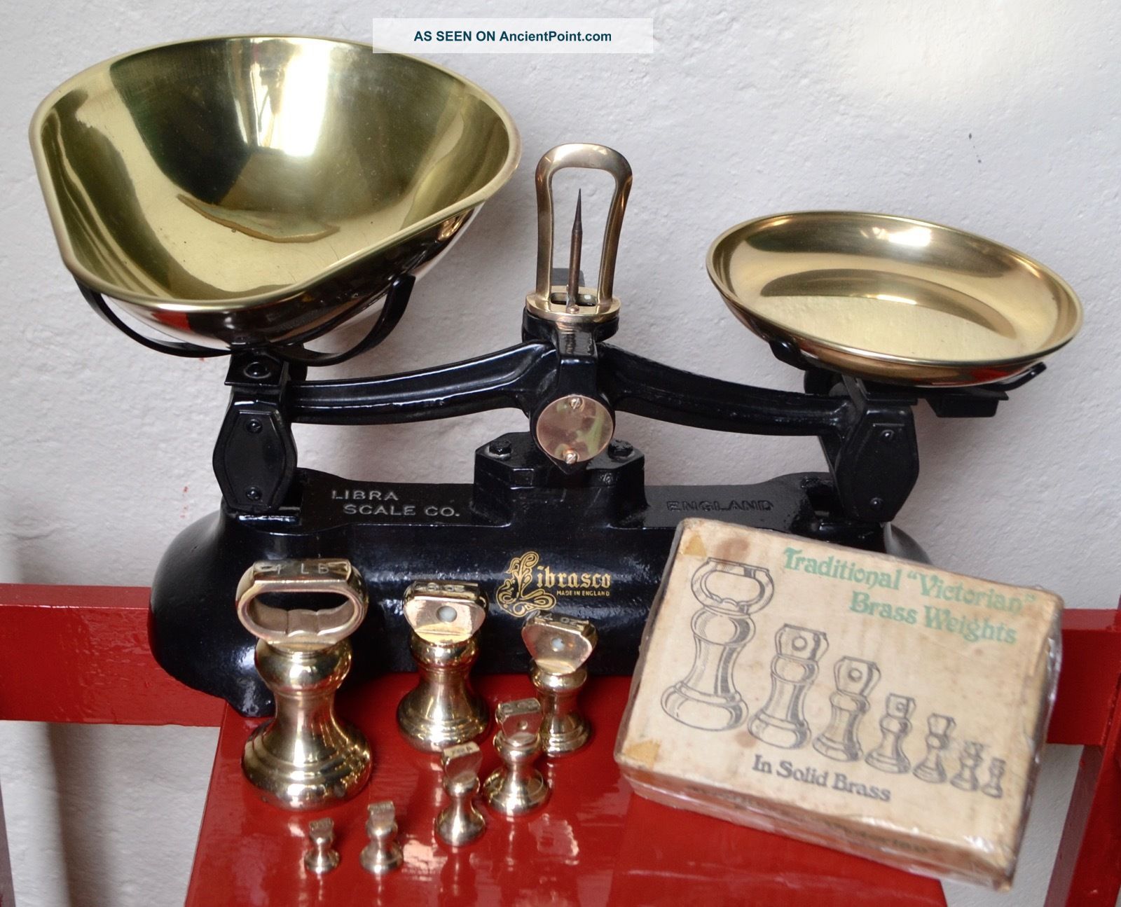 English Librasco Black Kitchen Balance Scales 7 Librasco Brass Bell Weights Boxe Scales photo