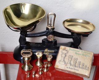 English Librasco Black Kitchen Balance Scales 7 Librasco Brass Bell Weights Boxe photo