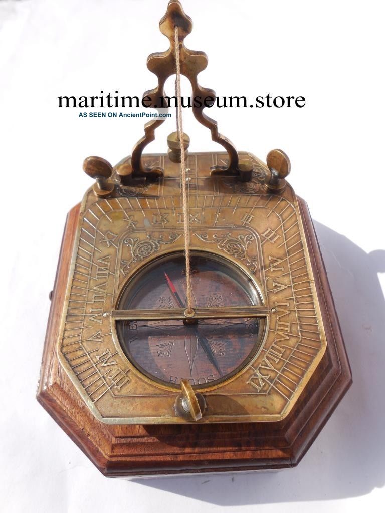 Solid Brass Pendulum Sundial Compass With Hardwood Box. Compasses photo