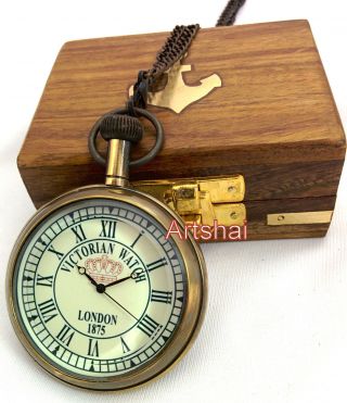 Artshai Pocket Watch With Chain And Wooden Box.  Victorian Design.  Nautical Gift photo