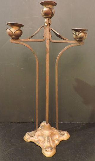 Antique Art Nouveau Arts & Crafts Brass Bronze Triple Candelabra Candle Holder photo
