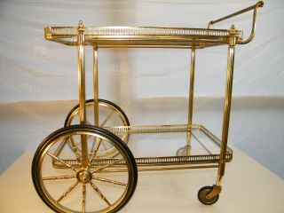 1960 ' S Hollywood Regency Mid Century Modern Brass 2 Tier Rolling Glass Tea Cart photo