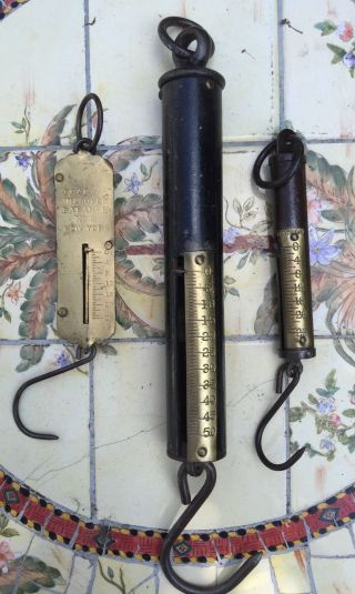 (3) Vintage Frary No.  2,  Chatillon,  And Unmarked Tubular Hanging Scales.  C.  1900 photo