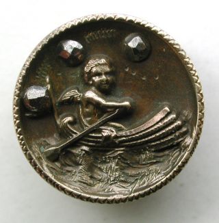 Antique Button Winged Cherub Or Child Rowing A Boat W Cut Steels Cuff 5/8 