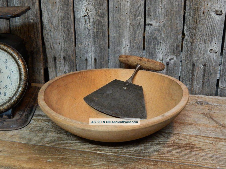 Antique Vtg Wood Primitive Dough Bowl With Early Ny Hand Chopper Primitives photo