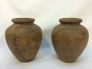 Pair Antique Vintage Folk Art Primitive Rustic Carved Solid Wood Vase Shapes photo