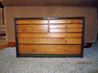 Antique Oak Brass Industrial Tool Chest Jewelry Box Primitive Wood File Cabinet photo