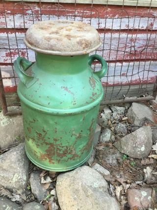 Old Milk Can Painted Green Farm Primitive Country Dairy Joy photo