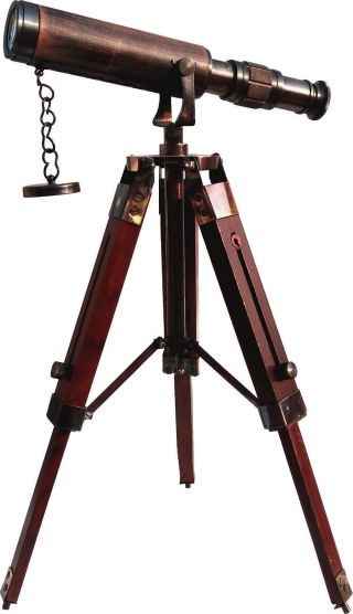 Maritime Decor Antique Vintage Nautical Brass Telescope With Wooden Tripod Stand photo