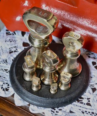 English Libra Orange/red Kitchen Balance Scales 7 Brass Bell Weights On Stand photo