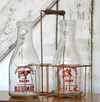 Primitive Country Farmhouse Rustic Milk Bottles Rusty Wire Metal Carrier Basket photo