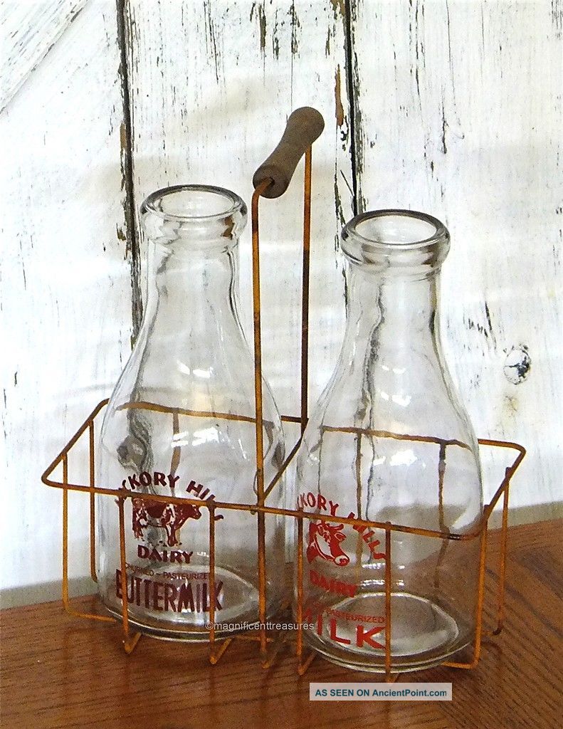 Primitive Country Farmhouse Rustic Milk Bottles Rusty Wire Metal