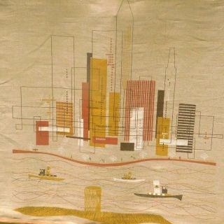 Mid Century Danish Modern Cityscape Harbor Fabric Wall Art Hanging Textile 1950s photo