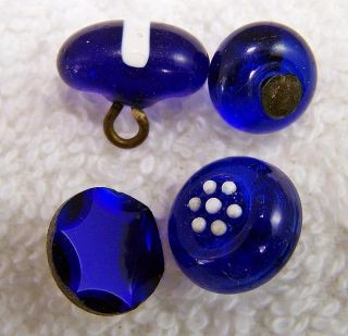 (4) Antique Stunning Molded Cobalt Blue Glass Buttons Steel Wire Shank Bd photo