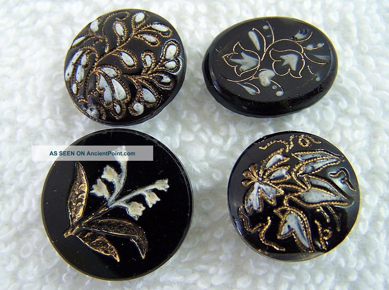 (4) Antique Stunning Handpainted Black Glass Buttons Floral Themes Self Shank B Buttons photo