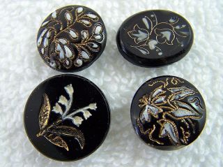 (4) Antique Stunning Handpainted Black Glass Buttons Floral Themes Self Shank B photo