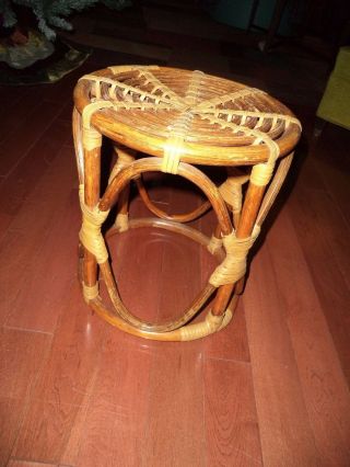 Vintage Mid Century Modern Rattan Bamboo Stool Ottoman Table Eames Era photo
