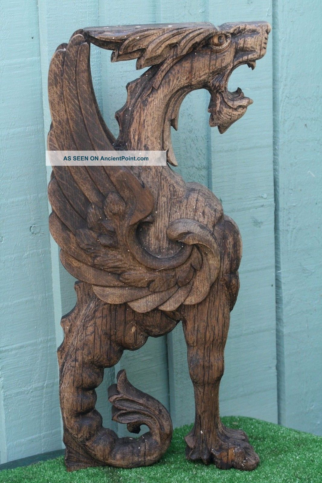 19th C.  Gothic Architectural Wooden Oak Winged Gargoyle Carving C1880s Carved Figures photo
