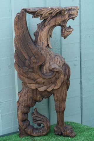 19th C.  Gothic Architectural Wooden Oak Winged Gargoyle Carving C1880s photo