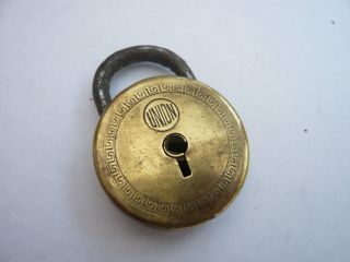 Antique Old Vintage Brass Round Padlock Lock No Key English Made Union photo