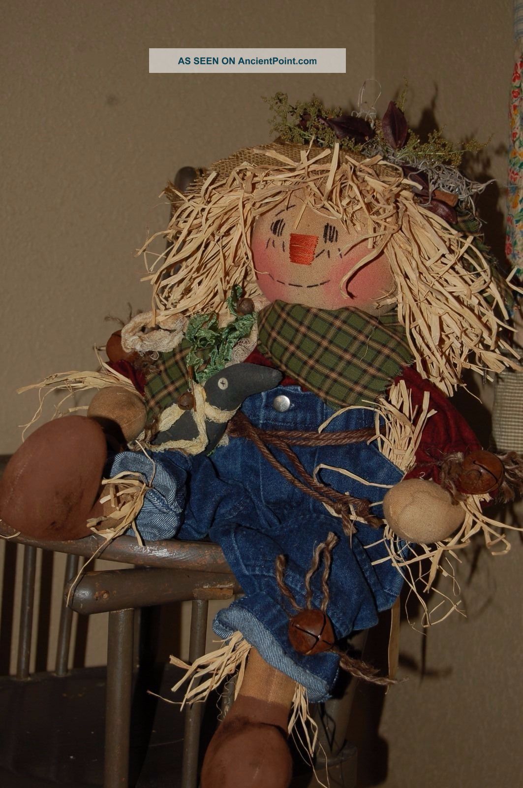 Olde Primitive Fall Harvest Scarecrow Doll With Olde Crow Primitives photo