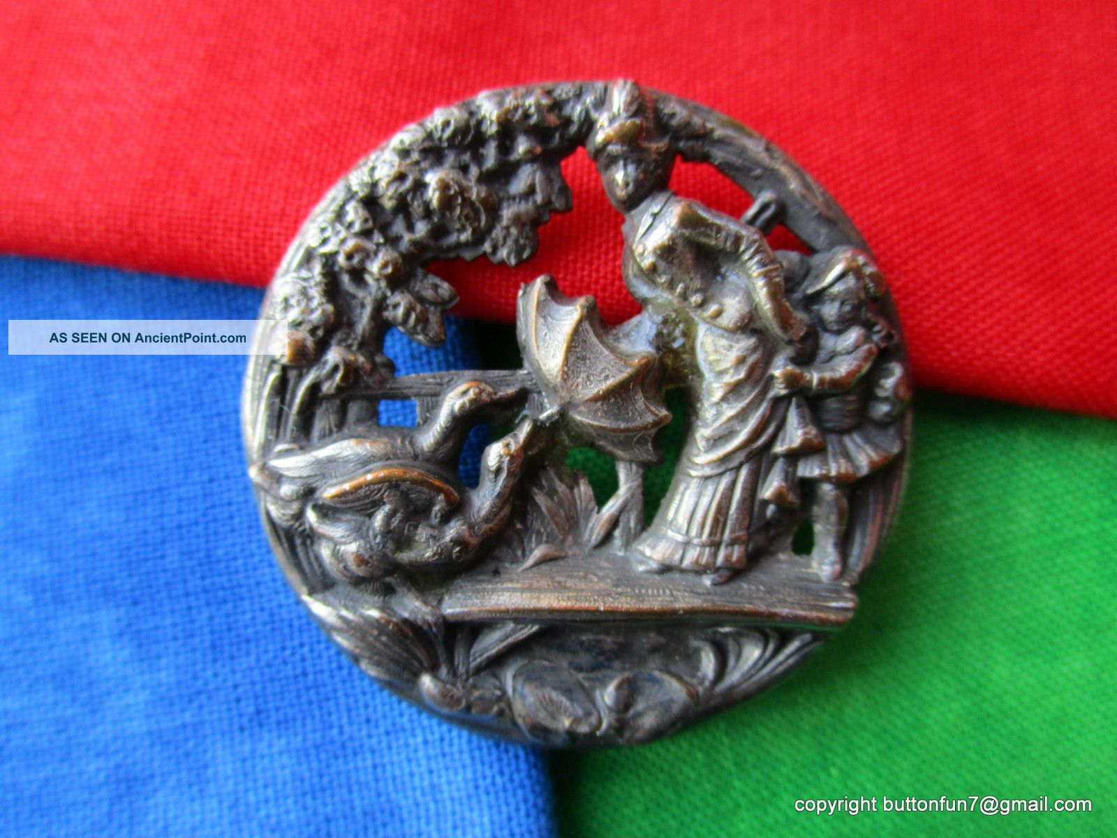 2858 – “woman Shooing Geese” Pierced Brass Large Antique Button Buttons photo