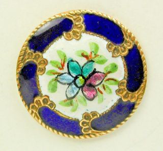 Antique French Enamel Button Colorful Flower Over Foil Design W/ Cobalt Border photo