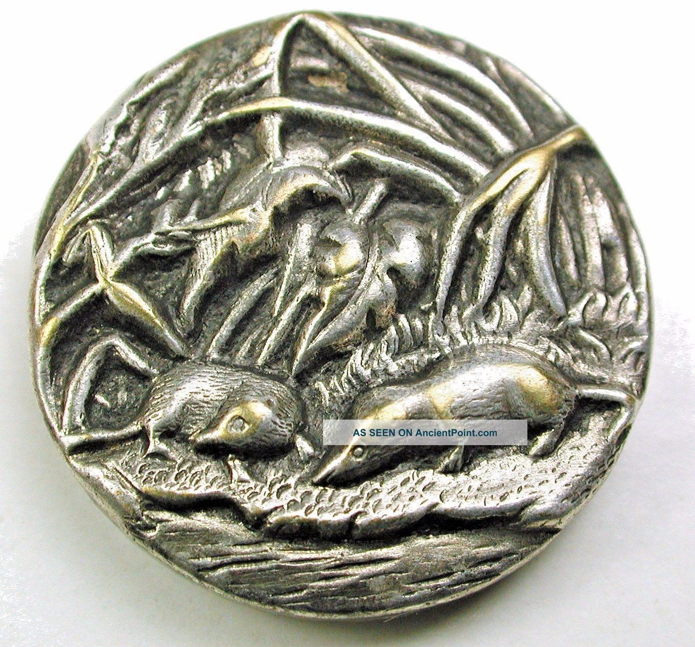 Antique Silver On Brass Button 2 Moles By Stream Unusual Subject - 7/8 Inch Buttons photo