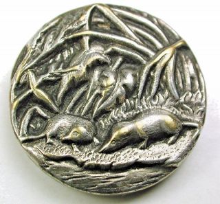 Antique Silver On Brass Button 2 Moles By Stream Unusual Subject - 7/8 Inch photo